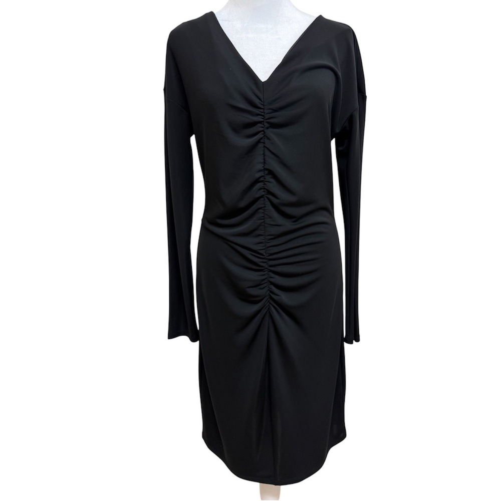 Narciso Rodriguez DesignNation Black Ruched V-Neck Sheath Dress Long Sleeve M